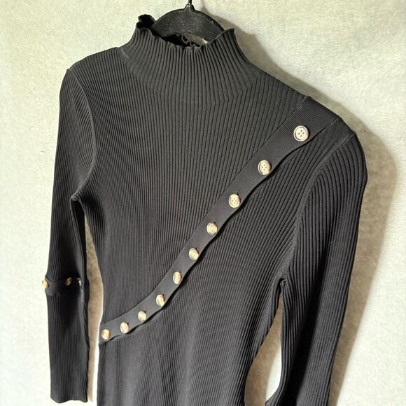 Nicholas Dress Size M Black Button Bodycon Ribbed Turtleneck Asymmetric Midi - Picture 4 of 7
